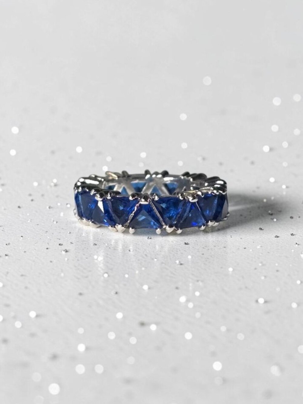 Sapphire Blue CZ Trillion Cut Silver Tone Eternity Band Ring - Size 8
